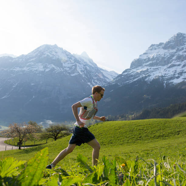 istock Trail runner makes way up field, mountains behind 665267843