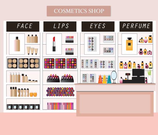 Cosmetics store interior with products on shelves. Cosmetics store interior with products on shelves, shopping,  beauty shop, cosmetic products, health and beauty vector illustration. duty free stock illustrations