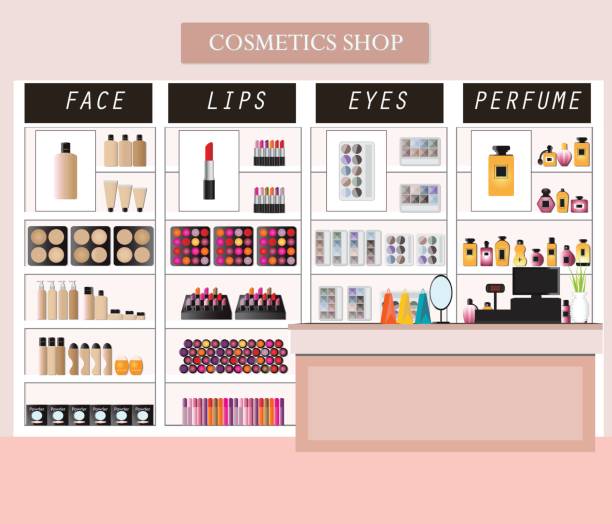 Cosmetics store interior with products on shelves. Cosmetics store interior with products on shelves, shopping, beauty shop, cosmetic products, health and beauty vector illustration. duty free perfume stock illustrations