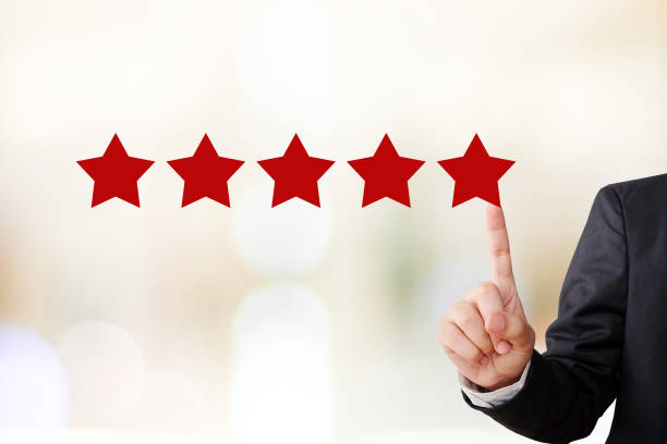 istock Businessman hand pointing five star, customer satisfaction concept, business background 665293890