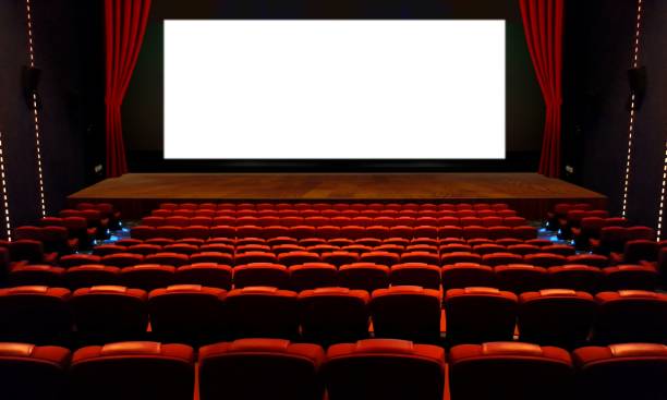 istock Theater hall with red seat and wide blank white screen 665294144