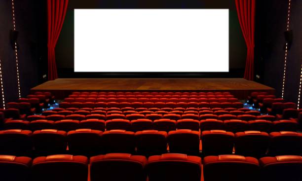 theater hall with red seat and wide blank white screen - empty theater imagens e fotografias de stock