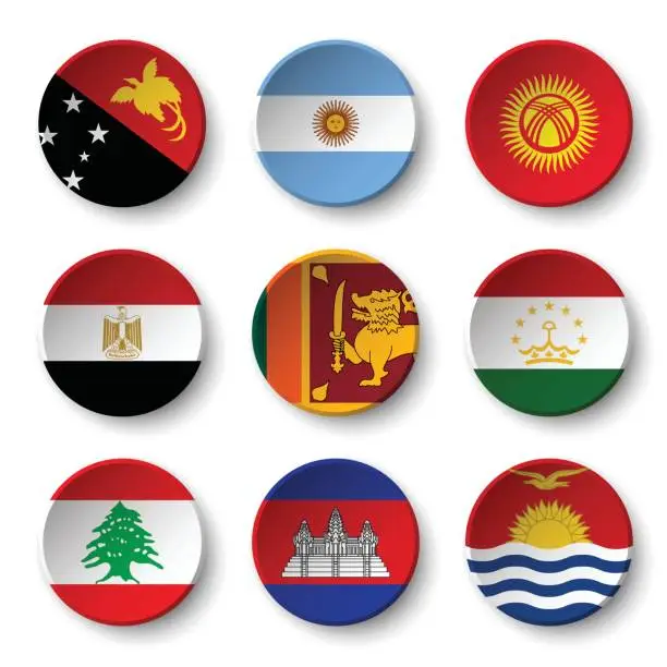 Vector illustration of Set of world flags round badges ( Papua New Guinea . Argentina . Kyrgyzstan . Egypt . Sri Lanka. Tajikistan . Lebanon . Cambodia . Kiribati
