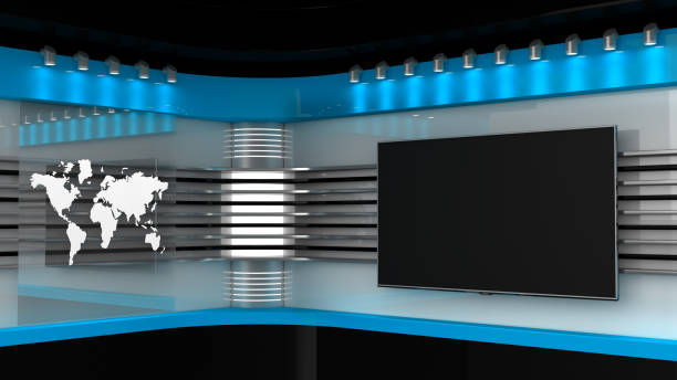 istock Tv Studio. Red studio. Backdrop for TV shows .TV on wall. News studio. The perfect backdrop for any green screen or chroma key video or photo production. 3D rendering. 665311334