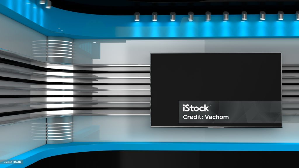 Tv Studio. Red studio. Backdrop for TV shows .TV on wall. News studio. The perfect backdrop for any green screen or chroma key video or photo production. 3D rendering. Virtual Reality Stock Photo