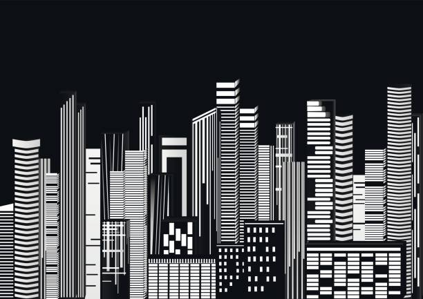 istock skyscraper in the city in the night, vector, horizontal, black and white image 665311596