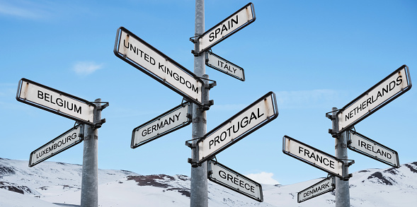 Europe destinations signpost, on blue sky with snow mountain backgrounds
