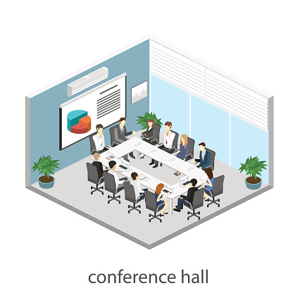 Business meeting in an office Business presentation meeting in an office around a table. Isometric flat 3D interior