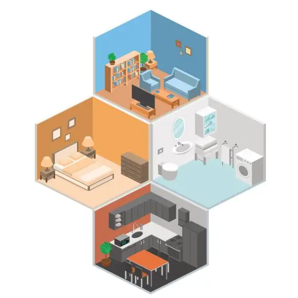 Vector illustration of set of isometric interior rooms of the house.
