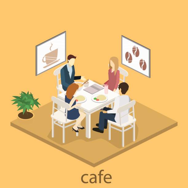 ilustraciones, imágenes clip art, dibujos animados e iconos de stock de isométrica interior de cafetería. diseño isométrico plano 3d interiores café o restaurante. las personas se sientan en mesas y comerán. - isometric people cafe coffee shop