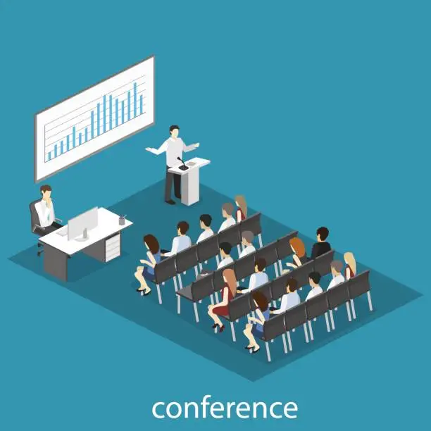 Vector illustration of Business meeting in an office Business presentation meeting in conference hall. People listen to speakers.