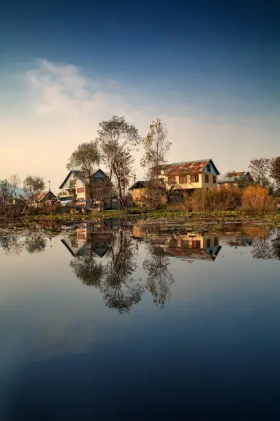 Houses in a village on the bank of Dal lake in Srinagar, Jammu and Kashmir, India