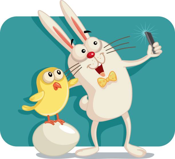 Happy Easter Bunny and Chick Taking a Selfie Together Drawing of a cute rabbit and baby checking taking a self-portrait baby chicken photos stock illustrations