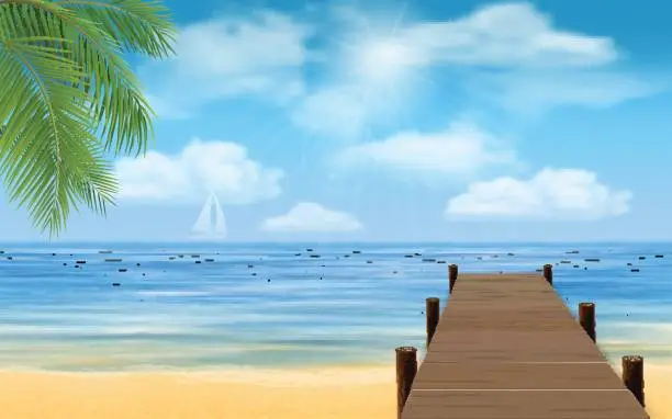 Vector illustration of sea beach and wooden jetty