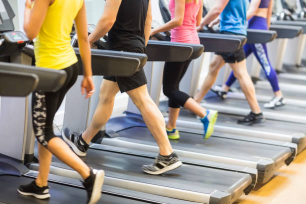istock Fit people walking on treadmills 665329422