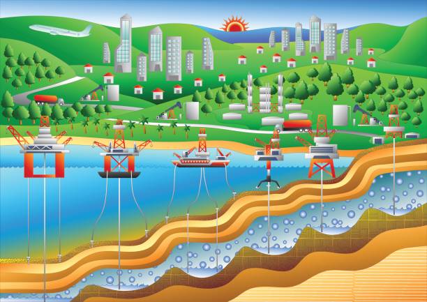 illustrazioni stock, clip art, cartoni animati e icone di tendenza di vettore diagramma piattaforma petrolifera - oil rig oil industry sea oil