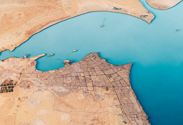 クウェート シティ 3 d レンダリング衛星ビュー地形図水平 - クウェート市 ストックフォトと画像