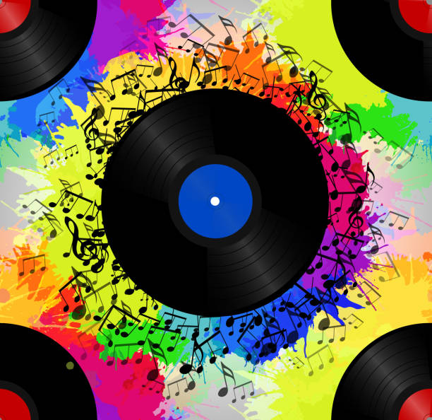 ilustrações de stock, clip art, desenhos animados e ícones de seamless texture with a vinyl record, music notes and rainbow watercolor splash. vector musical pattern for your  creativity - spectrum rainbow backgrounds disco