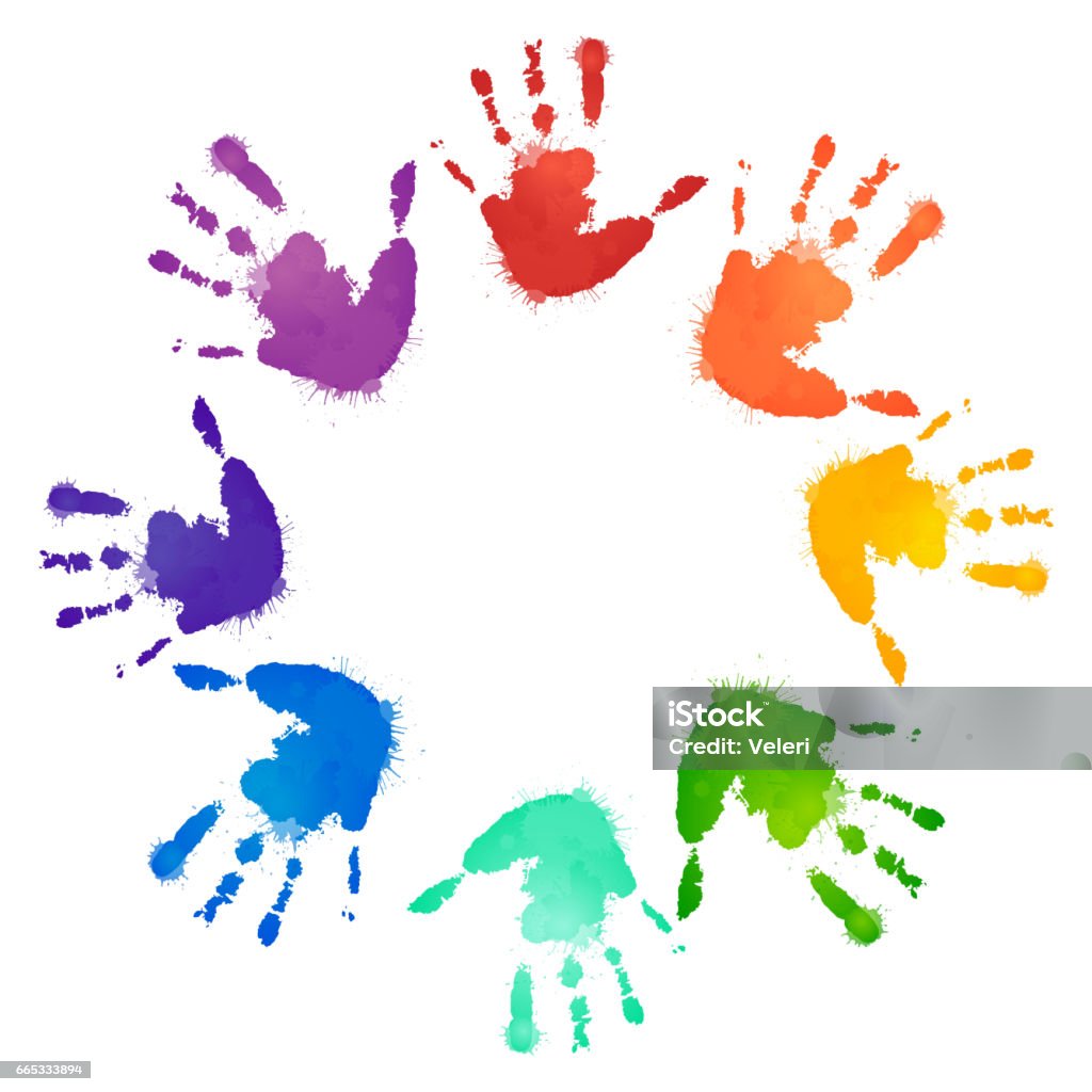 Rainbow prints of children hands in the circle. Vector frame for postcards and your design Child stock vector
