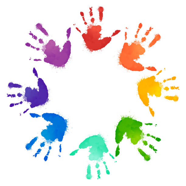 Rainbow prints of children hands in the circle. Vector frame for postcards and your design Rainbow prints of children hands in the circle. Vector frame for postcards and your design paint silhouettes stock illustrations