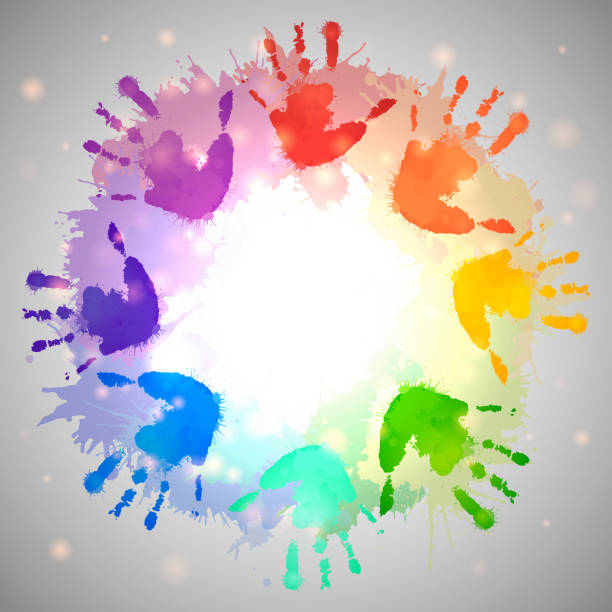 ilustraciones, imágenes clip art, dibujos animados e iconos de stock de arco iris impresiones de manos de los niños y salpicaduras de acuarela en el círculo. marco de vectores para tarjetas postales y su diseño - colors color image handprint circle