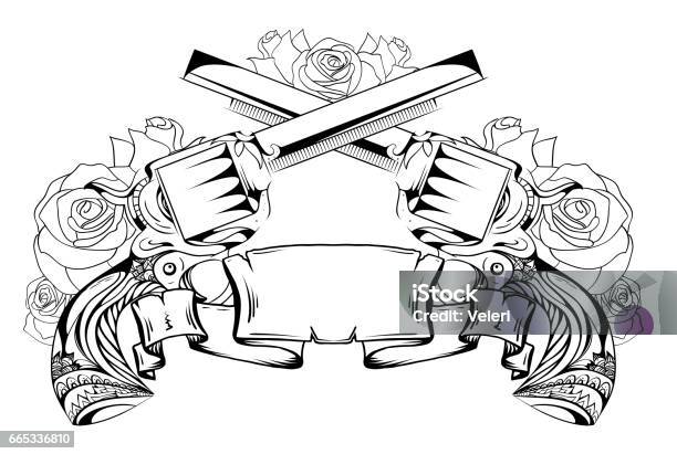 Contour Drawing Of Two Revolvers Roses And Scroll Duel Vector Element For Sketching Tattoos Printing On Tshirts And Your Design Stock Illustration - Download Image Now