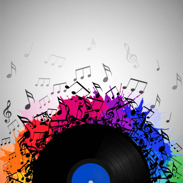 ilustrações de stock, clip art, desenhos animados e ícones de illustration of vinyl record with music notes, rainbow watercolor splashes and with space for text. vector element for presentations, covers and your creativity - watercolor painting audio