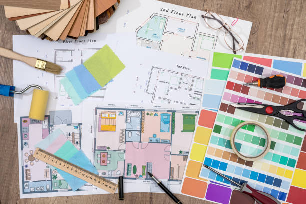 istock Construction plans with Paint Brush and Colors Palette. Building and Construction Industry Concept. 665338036