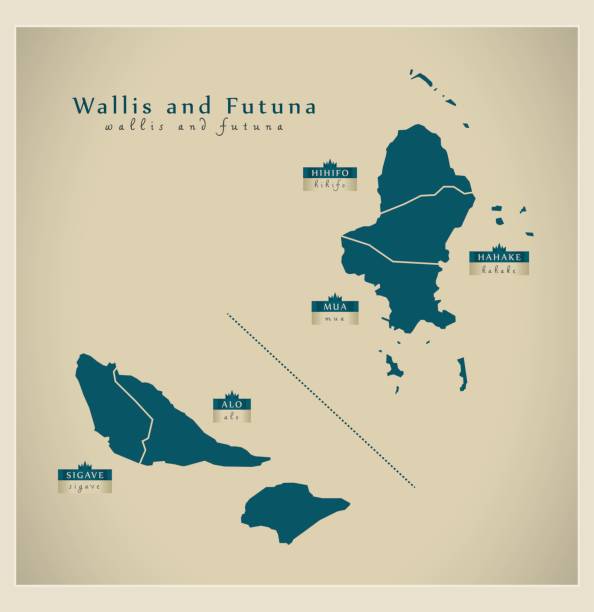 illustrazioni stock, clip art, cartoni animati e icone di tendenza di mappa moderna - isole wallis e futuna con dettagli sui nomi wf - isole wallis e futuna