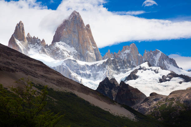 Glaciers and mountains Fitz Roy, Cerro Torre Glaciers and mountains Fitz Roy, Cerro Torre in summer day. Andes, Santa Cruz, Patagonia, Argentina foothills parkway photos stock pictures, royalty-free photos & images