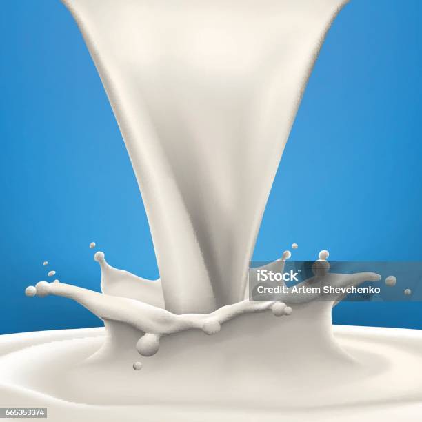 Pouring Natural Milk And Big Splash On Blue Background Stock Illustration - Download Image Now