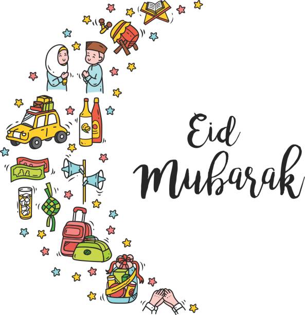 Eid mubarak greeting card in cute cartoon doodle style Eid mubarak greeting card in cute cartoon doodle style bedug stock illustrations