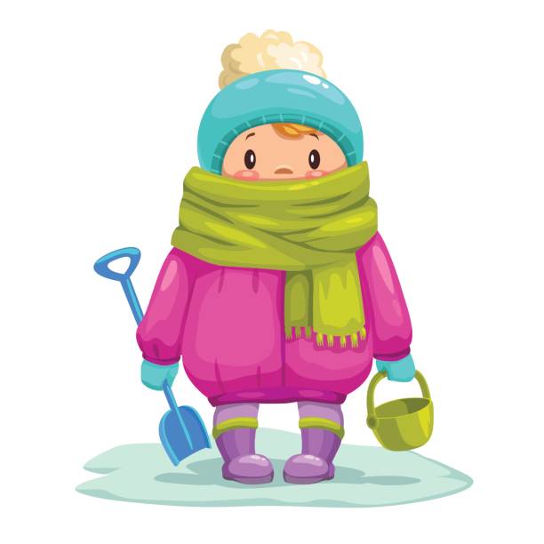 작은 만화 재 밌 장난감 양동이와 삽 - young animal characters clothing coat stock illustrations