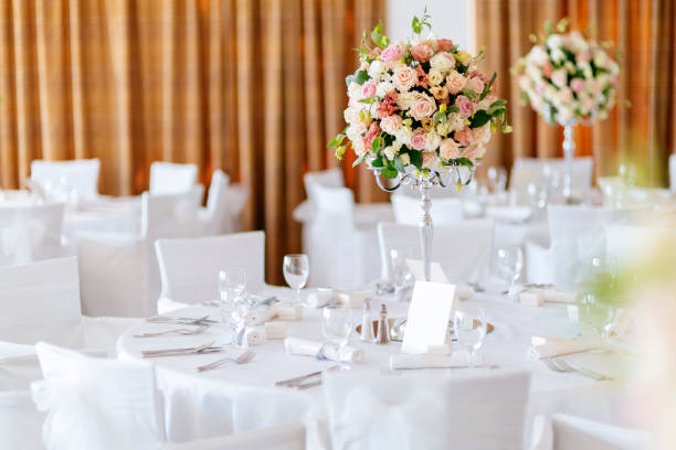istock Beautiful wedding tables and roses in bouquet 665353908