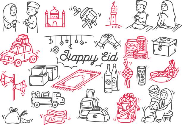 Eid mubarak or Idul fitri design element in doodle style Eid mubarak or idul fitri design element in doodle style bedug stock illustrations