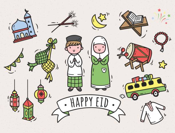 Eid mubarak or eid doodle element Eid mubarak or Eid al-Fitr doodle element bedug stock illustrations