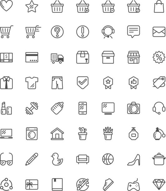 56 shopping icon set with out line style 56 shopping vector  icon set with out line style sport set competition round stock illustrations