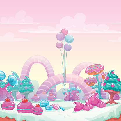 Beautiful fantasy sweet world background. Candy land vector illustration.