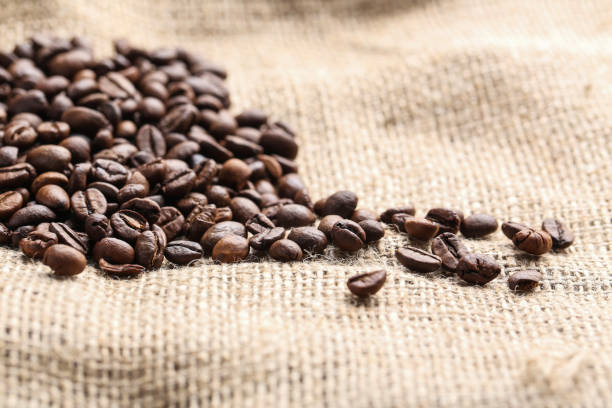 istock Brown roasted coffee beans on sackcloth 665376114