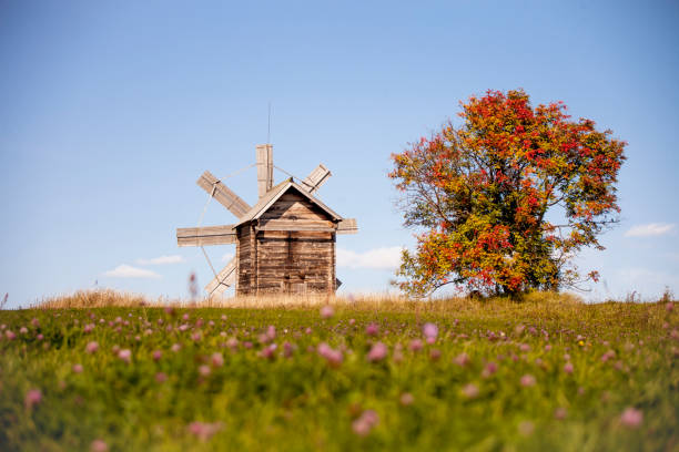 Windmill on Kizhi Island. Autumn Russian landscape