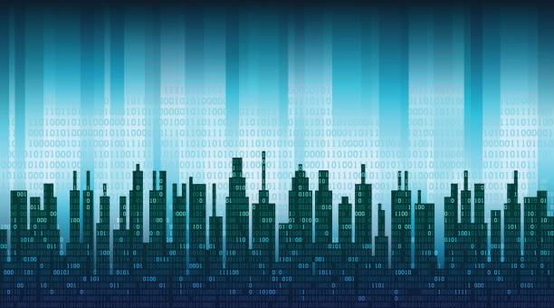 디지털 도시입니다. 이진 데이터는 추상 스카이 라인, 블루-첨단 배경 위에 구름에 - computer language binary code coding city stock illustrations