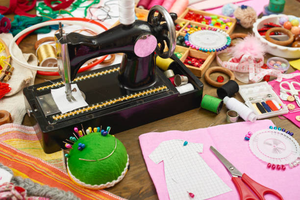 istock sewing accessories top view, seamstress workplace, many object for needlework, embroidery and handicraft 665393892