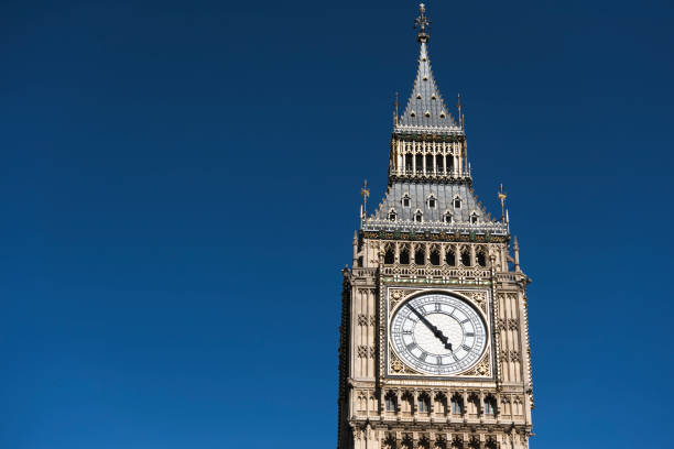 Upper part of Elizabeth Tower aka Big Ben clock tower, Westminster Palace, City of Westminster, Central Area of Greater London, UK, isolated on white background