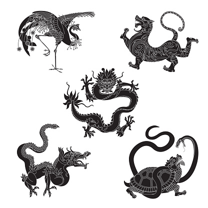 Black and white renditions of Chinese, heavenly creatures. Taoist cosmology knows five elements and five cardinal directions (including center). This fundamental principles are represented by the five heavenly beasts, also called the five celestial animals. They are fundamental in semantic and Feng Shui tradition. The five creatures are: Black warrior of the North (Turtle with snake), azure dragon of the East, vermilion bird of the South, white tiger of the West and yellow dragon of the Center.