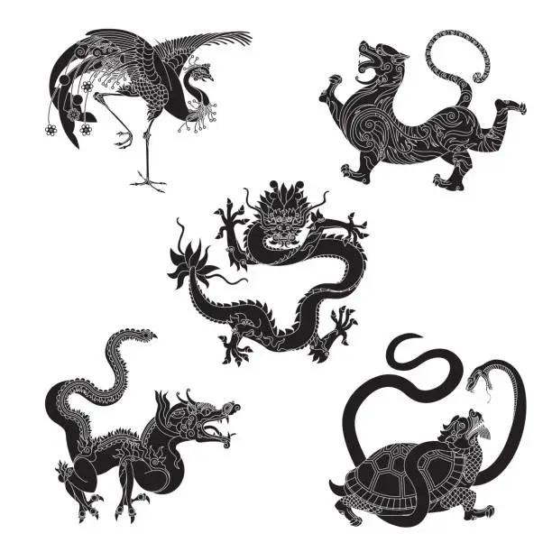 Vector illustration of The Five Heavenly Beasts of Taoist Cosmology
