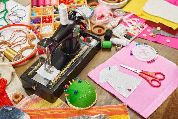istock sewing accessories top view, seamstress workplace, many object for needlework, embroidery, handmade and handicraft 665396954