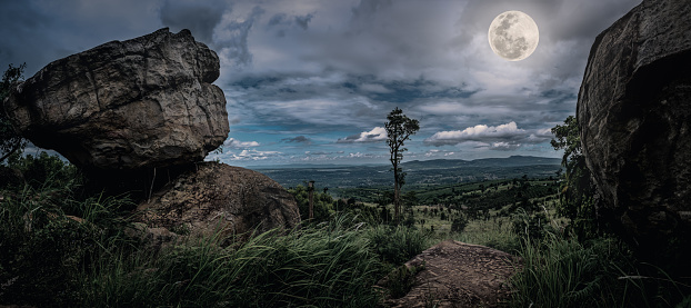 Panorama of tree and boulders against nighttime sky with cloudy from national park. Beauty of nature. Outdoors. The moon were NOT furnished by NASA.