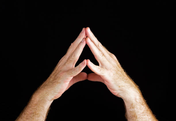 istock Hand signs: two male hands steepled in thought on black 665407012