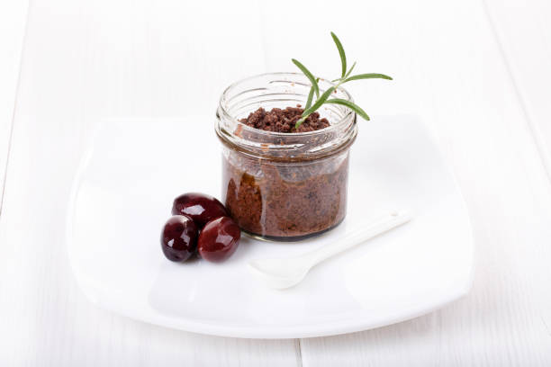 Tapenade, olive paste made from kalamata olives. Copy space.