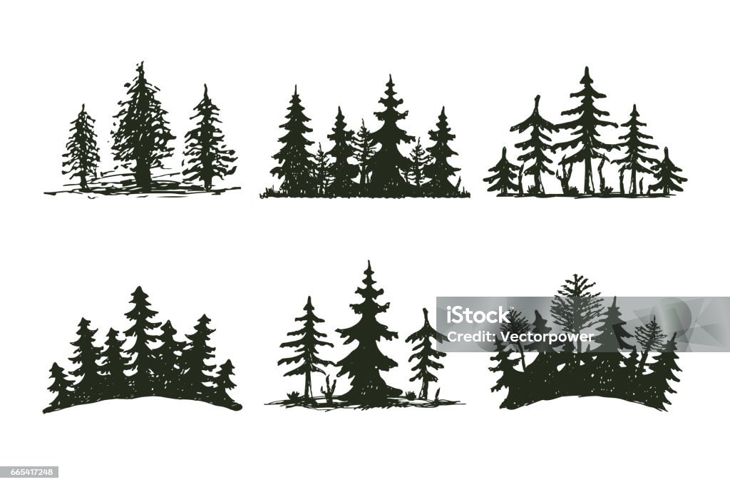 Baum im freien Reisen schwarze Silhouette Nadel-natürlichen Abzeichen, Tops Kiefer Fichte Zweig Zeder und Pflanzen Blattstiel abstrakte Zeichnung Vektor-illustration - Lizenzfrei Kontur Vektorgrafik